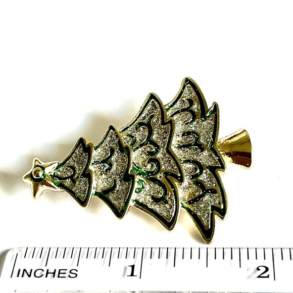 Vintage Christmas Tree Brooch Pin Green Enamel Glitter Gold Tone Plated - Picture 13 of 13